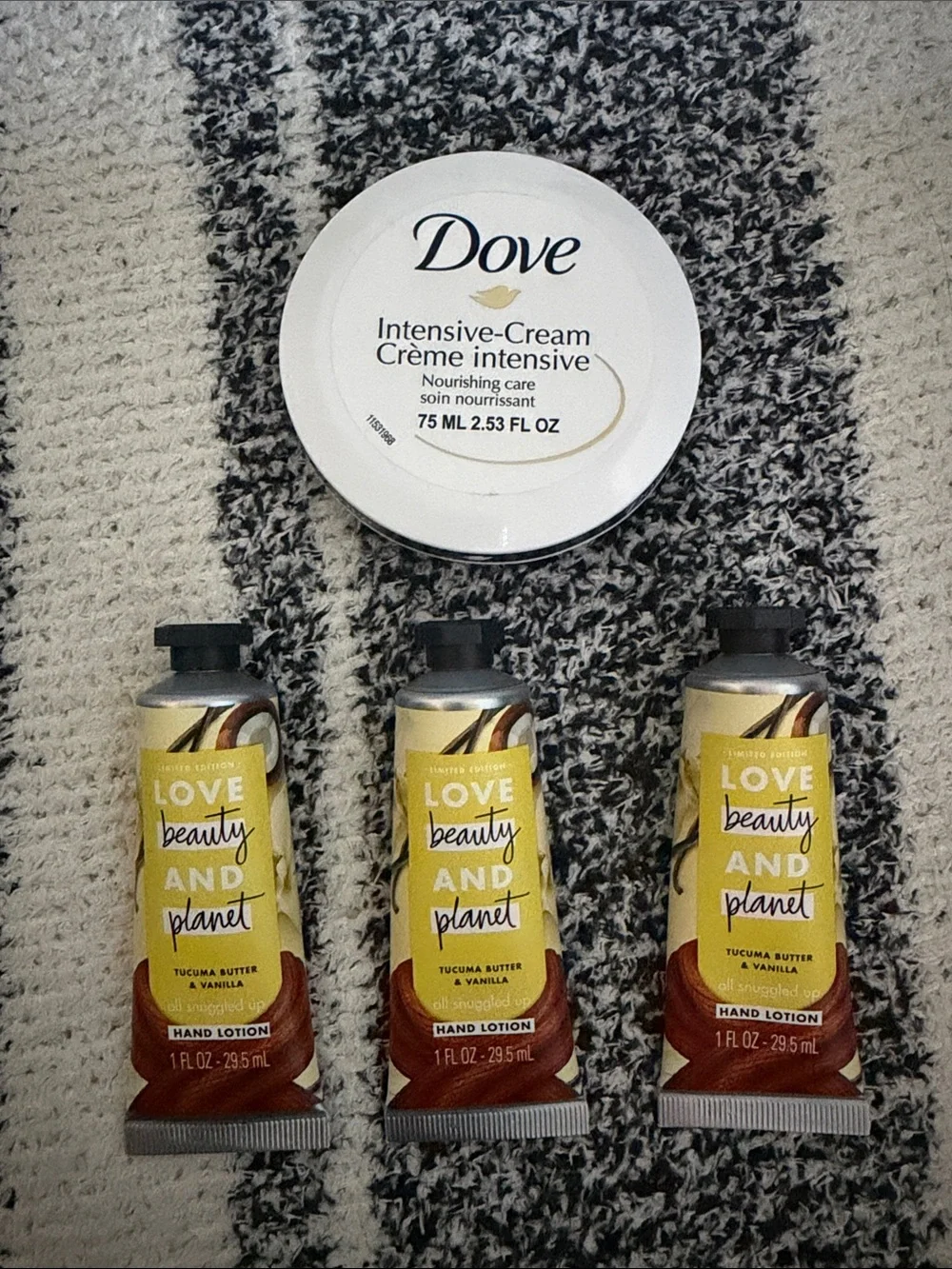 Dove Intensive-Cream (White) & Love Beauty and Planet Hand Lotion Trio (Yellow)